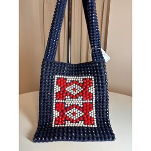 Vintage Roger Van S Hand Beaded Bag Navy Red White Made Hong Kong Geometric